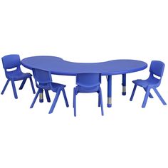 a blue table and four chairs on a white background