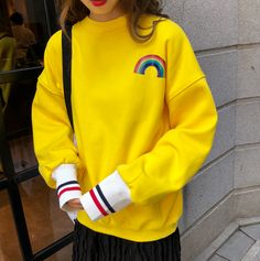 Fashion & Harajuku rainbow stripe sleeve  sweatshirt.<br /><br />We offer FREE and USPS shipping for USA and China Post for any other country in the world. Customer service is included in the price too!!<br /><br />Color: black, yellow;<br />Size: <br />M: Length 63cm, Bust 120cm, Shoulder 56cm, Sleeve 50cm;<br />L: Length 65cm, Bust 124cm, Shoulder 58cm, Sleeve 51cm;<br />XL: Length 67cm, Bust 128cm, Shoulder 60cm, Sleeve 52cm;<br />XXL: Length 69cm, Bust 132cm, Shoulder 62cm, Sleeve 53cm;<br / Casual Oversized Rainbow Sweater, Oversized Rainbow Casual Sweater, Casual Winter Sweatshirt With Striped Cuffs, Rainbow Long Sleeve Sweatshirt For Winter, Winter Sweater With Striped Sleeves And Crew Neck, Winter Crew Neck Sweater With Striped Sleeves, Winter Rainbow Long Sleeve Top, Trendy Long Sleeve Rainbow Sweater, Trendy Rainbow Long Sleeve Sweater