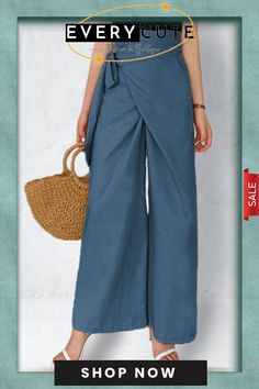 Linen Blend Wrap Casual Pants Straight Pants For Vacation In Solid Color, Chic Solid Color Pants For Beach, Chic Solid Color Beach Pants, Solid Color Pants For Vacation, Solid Color Capris With Pockets For Vacation, Solid Capris With Pockets For Vacation, Vacation Capris With Pockets, High Waist Solid Color Pants For Vacation, Solid Color Ankle-length Pants For Vacation