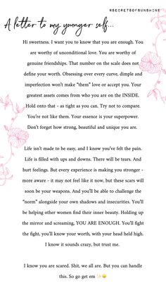 a poem written in pink ink on white paper with flowers and the words, letter to my younger self