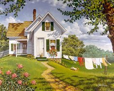 a painting of a white house with clothes hanging out to dry on the line outside