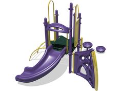 a purple and yellow playground set with two slides