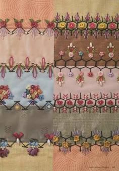 four rows of different colored fabric with flowers on them