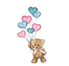 a teddy bear holding several heart shaped balloons