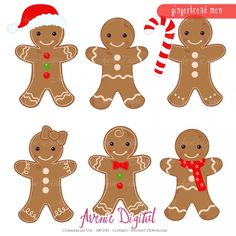 christmas gingerbread men clipart set with candy canes and santa's hat