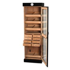 Tower of Power Cigar Cabinet Humidor with Drawers by Quality Importers A must-have for a big collection, the Tower of Power is a well-constructed humidor cabinet that creates an impressive display of your favorite cigars. It features a simple and modern design that redefines any retail or home environment. This cabinet humidor also offers a versatile cigar storage system with its shelves and drawers that are cedar-lined to help maintain consistent humidity. Highlighting the beauty of finely craf Custom Humidor, Humidor Cabinet, Tower Of Power, Home Environment, Cigars And Whiskey, Humidor, Drawer Shelves, Hygrometer, Shelf Unit