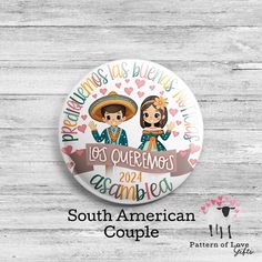 the badge for south american couple on a white wooden background with text that reads, happiness is