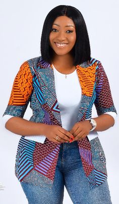 African print top. #blazer #jeans Kitenge Tops Designs Unique, Traditional Jackets For Women, Coat For Ladies, African Print Top, Kitenge Designs, Ankara Jackets