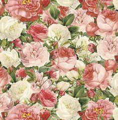 a bunch of flowers that are on top of a wallpaper pattern with green leaves