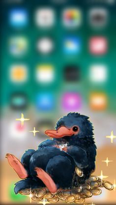 a bird sitting on top of a pile of coins in front of an iphone screen