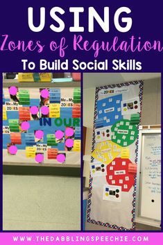 two pictures with the words using zones of regulation and to build social skills on them