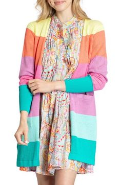 You'll be grateful for sweater in an open-front cardi striped in bold blocks of color. Open front Long sleeves 75% rayon, 25% PBT polyester Machine wash, dry flat Imported Asian & Pacific Islander Owned/Founded Rainbow Cardigan, Long Cardigans, Cable Cardigan, Fringe Cardigan, Be Grateful, Sweaters And Leggings, Striped Cardigan, Knitwear Cardigan, Rainbow Stripes