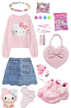 Cute Hello Kitty Outfits, Kawaii School Outfits, Littlespacecore Outfits, Age Reggresion Outfits, Sanrio Outfit Aesthetic, Hello Kitty Outfits