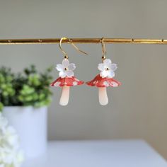 Mushroom umbrella earrings, food earrings, gift for her Mushroom Umbrella, Mushroom Food, Graduation Earrings, Umbrella Earrings, Earrings Mushroom, Birthday Earrings, Rain Design, Spring Red, Mushroom Earrings