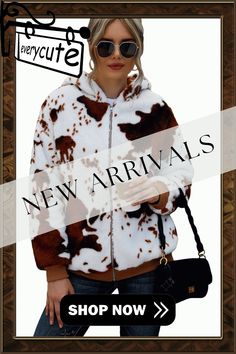 Brown Zip Front Cow Print Plush Hooded Jacket Trendy Winter Hooded Jacket With Drawstring, Fall Outdoor Hoodie With Zipper, Fall Outdoor Hoodie With Zipper Closure, Fall Hoodie With Zipper For Outdoor, Trendy Fall Hooded Jacket With Detachable Hood, Trendy Hooded Jacket With Detachable Hood For Fall, White Hooded Jacket With Detachable Hood For Fall, Trendy Detachable Hood Fall Jacket, Trendy Winter Hoodie Jacket