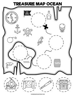 the pirate map is shown in black and white, with symbols for each part of it