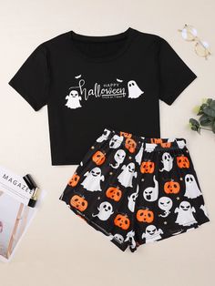 Summer Pajamas Women, Halloween Pjs, Summer Pajama Set, Pumpkin Skull, Cute Pjs, Halloween Pajamas, Pajama Outfits