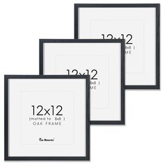 three framed frames with measurements for each frame, one is black and the other is white