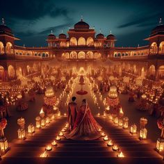 two people standing in front of a large building with many lit candles on the ground