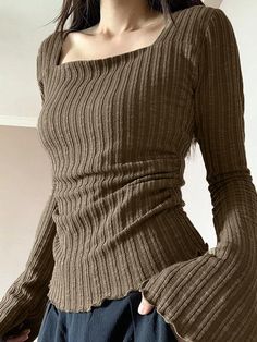 ⚡Buy 2024 Square Neck Flare Sleeve Slim Knit Brown L under $19.00 in Tops&Tees at AnotherChill.com Online. Style: Casual/Vintage. Fabric Content: Polyester. Fit Type: Slim Fit. Neckline: Square Neck. Sleeve Length: Long Sleeve. Unique & stylish design: Embrace a one-of-a-kind look with this flare-sleeve top. The square neckline & vintage vibe create a trendsetting style.. Versatile & easy to style: Effortlessly switch between casual & chic. Pair with jeans or a skirt for a versatile appeal.. Com Y2k Long Sleeve, Mode Inspo, Inspired Outfits, 가을 패션, Mode Inspiration, Style Outfits, Trendy Tops, Dream Clothes, Vintage Fabric