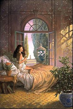 a painting of a woman sitting on a bed in front of an open window with potted plants