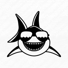 a black and white drawing of a smiling shark with sunglasses on it's face