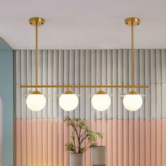 three potted plants are sitting in front of a wall with vertical blinds and gold fixtures