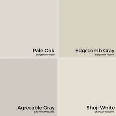 four different shades of gray paint with the words, repose gray and white on them