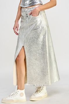 Experience a modern twist on timeless glamour with our exquisite Front Slit Metallic Midi Skirt. Crafted from denim silver, it boasts a high-rise waist with belt loops, front zipper and button closure, and two front and back pockets. A chic front slit adds sultry allure, while a clean hem gives it a sophisticated finish. A must-have for any fashionista's wardrobe. Metallic Midi Skirt, Timeless Glamour, Column Skirt, Stretch Denim Fabric, Metallic Skirt, Metallic Fabric, Winter Tops, Fall Shopping, Denim Fabric