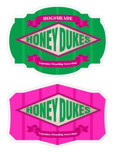 two pink and green stickers with the words honey dukes on them, each one has