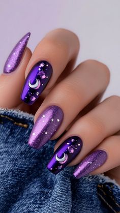 Spooky Christmas Nails, December Style, December Winter, Witchy Nails, Purple Nail Art, December Christmas, Moon Nails, Galaxy Nails, Purple Nail