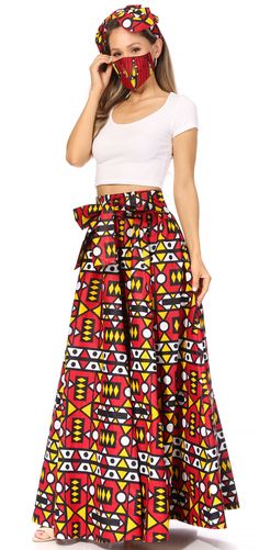 African Wax Print Maxi Skirt & Head Scarf Set One Size Regular: Fits Approximate Skirt Size: US 2-2X, UK 6-24, EU 34-52 Max waist size: 44 inches (112cm) Waist unstretched: 26 inches (66cm) Length: 42.5 inches (108cm) Scarf One Size: Length: 41 inches (104cm) Width: 10.5 inches (27cm) Key Product Features: Elastic waist and pockets Summer, travel, lounge Colorful and easy to wear 100% Cotton Styling Notes: Wear this basic Skirt with your favorite solid top and strappy sandals for an effortless l