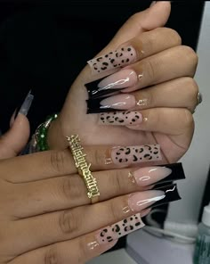 Black Lepord Print Nails, Lepord Print 2000s Nails, Black And Cheetah Nails, Black Cheetah Print Nails, Leapord Nails Acrylic, Nails 2000s, Baby Pink Nails Acrylic, Baby Pink Nails