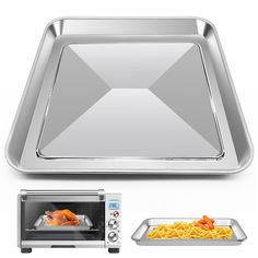 a silver tray with some food in it and an open microwave oven on the side