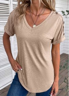 Color:Light Camel;Size:M;Package Contents:1 X T Shirt;Occasion:Other;Style:Casual; Fashion Design Classes, Winter Dress Outfits, Plain T Shirt, Stitch Ideas, 60 Fashion, Blue Jumpsuits, Lovely Tops, Fashion Catalogue, Casual Tops For Women