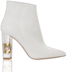 Elegant White Heeled Boots With Sculpted Heel, Luxury White Heeled Boots For Formal Occasions, Evening White Block Heel Boots, Luxury White Heeled Boots, Luxury White Leather Heeled Boots, White High-top Heeled Boots With Reinforced Heel, Elegant White Pointed Toe Mid-calf Boots, Fitted White Mid-calf Boots With Reinforced Heel, Couture Shoes