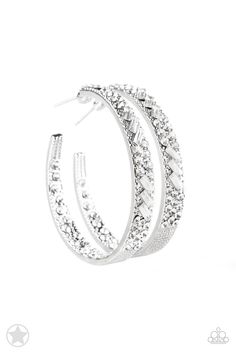 The front facing surface of a chunky silver hoop is dipped in brilliantly sparkling rhinestones while light-catching texture wraps around the back. The interior of the hoop features the opposite pattern, creating the illusion of a full hoop of blinding rhinestones. Earring attaches to a standard post fitting. Hoop measures 1 3/4" in diameter. Sold as one pair of hoop earrings. White Hoop Earrings, Silver Frames, Ball Necklace, Paparazzi Accessories, White Rhinestone, Paparazzi Jewelry, White Earrings, Rhinestone Earrings, Silver Stars