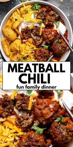 meatball chili in a white bowl with cheese and sour cream on top, next to the recipe title