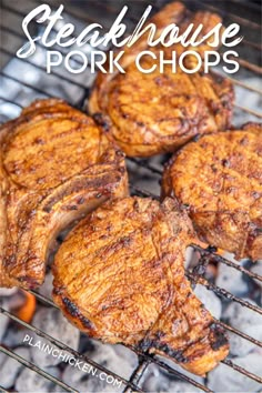 steaks cooking on the grill with text overlay that reads steakhouse pork chops