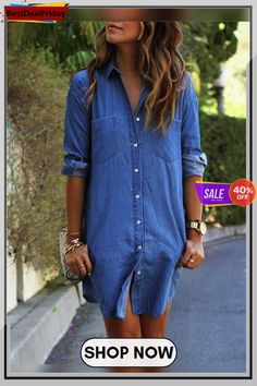 Plus Size Blue H-line Denim Long Sleeve Casual Dress Blue Long Sleeve Denim Dress With Pockets, Blue Denim Dress For Spring, Blue Knee-length Denim Dress For Spring, Blue Chambray Dresses For Fall, Fall Blue Denim Dress, Light Blue Long Sleeve Denim Top For Summer, Blue Denim Dress With Pockets, Casual Light Blue Denim Dress, Light Blue Casual Denim Dress