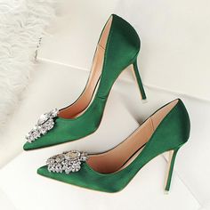 Crystal Embellished Satin Pumps - 7 Colors Heels Rhinestone, Crystal Pumps, Plus Size Pink, Elegant Plus Size, Vintage Sandals, 1 Aesthetic, Green Heels, Fancy Shoes, Satin Heels