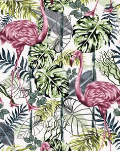 pink flamingos and tropical leaves on a white background with green plants, ferns and palm leaves