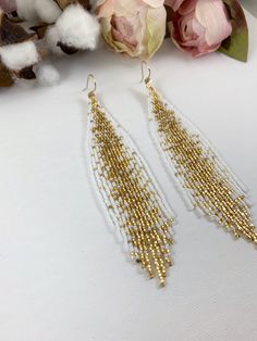 "White and gold romantic beaded earrings, galaxy seed bead earrings, wedding beaded jewelry Length 5\" including ear wire Width 1\" Made with best quality Japanese seed beads, and 24k gold dipped seed beads Lightweight and unique extravagant style - designed and made by Luba Ro Colors used - white, shimmering gold and gold Select closure earwires leverbacks clip-ons for non pierced ears" Blue Beaded Earrings, Beads Online, Earrings Wedding, Gold Dipped, Seed Bead Earrings, Bead Earrings, Pierced Ears, Ear Wire, Chandelier Earrings