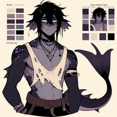 an anime character with black hair and tattoos on his chest, standing in front of color swatches