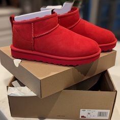 New With Tags Red Color Size 6 Red Suede Casual Boots, Casual Red Suede Boots, Red Low-top Casual Boots, Low Top Uggs, Low Uggs, Classic Mini Uggs, Ugg Ultra Mini Boots, Ultra Mini Boots, Ugg Bailey Boots