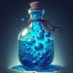 a blue bottle filled with water and bubbles