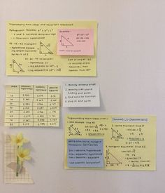 three sticky notes are attached to a white wall with flowers and paper on top of it