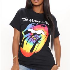 "The Rolling Stones" T-Shirt Crew Neck Short Sleeve Stretch 100% Cotton Multicolor Band Merch Top With Graphic Design, Multicolor Graphic Design Top Band Merch, Black Crew Neck T-shirt With Rainbow Print, Black Short Sleeve T-shirt With Rainbow Print, Black Crew Neck Top With Rainbow Print, Casual Black Tops With Rainbow Print, Multicolor Sublimation Print Band Merch Top, Multicolor Crew Neck Band Merch Tops, Multicolor Band Merch Top With Letter Print