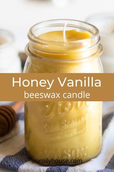 honey vanilla beeswax candle in a mason jar