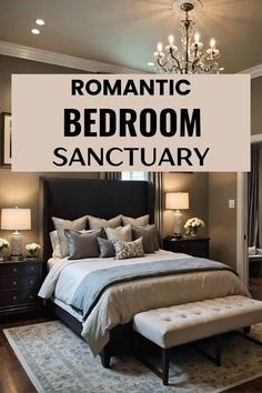 a bedroom with a large bed and chandelier in the corner, text overlay reads romantic bedroom sanctuary